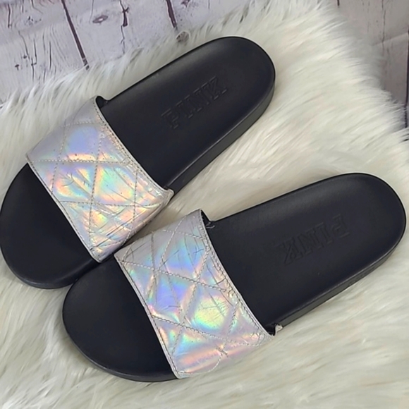 Victoria's Secret PINK Silver Rainbow Holographic Metallic Slide Slip-On Sandals - Picture 15 of 17